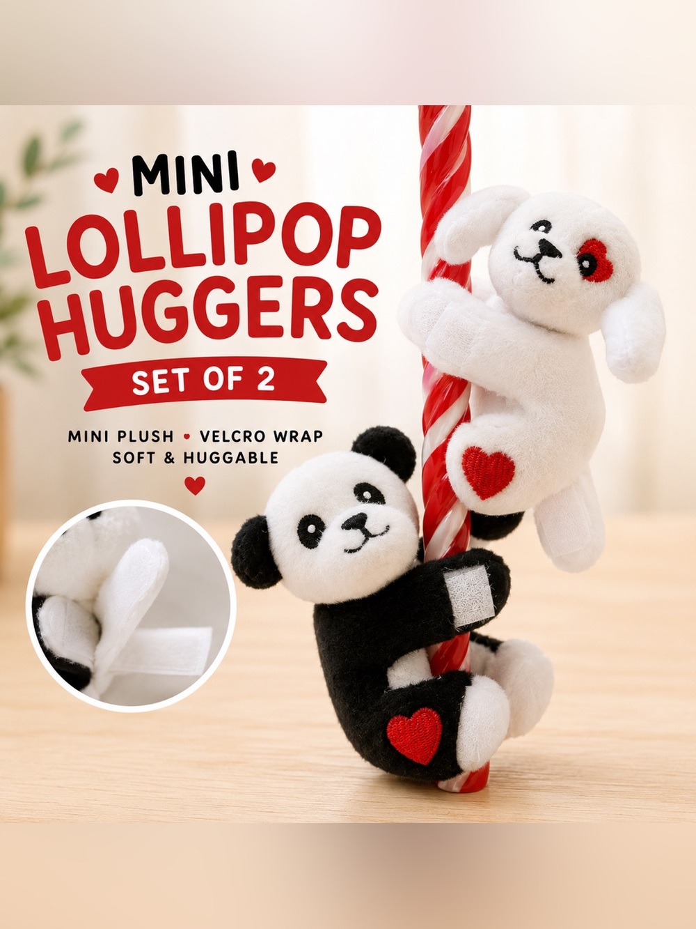 Set of 2 Mini Plush Lollipop Huggers Panda Puppy Velcro Wrap Stuffed Animals
